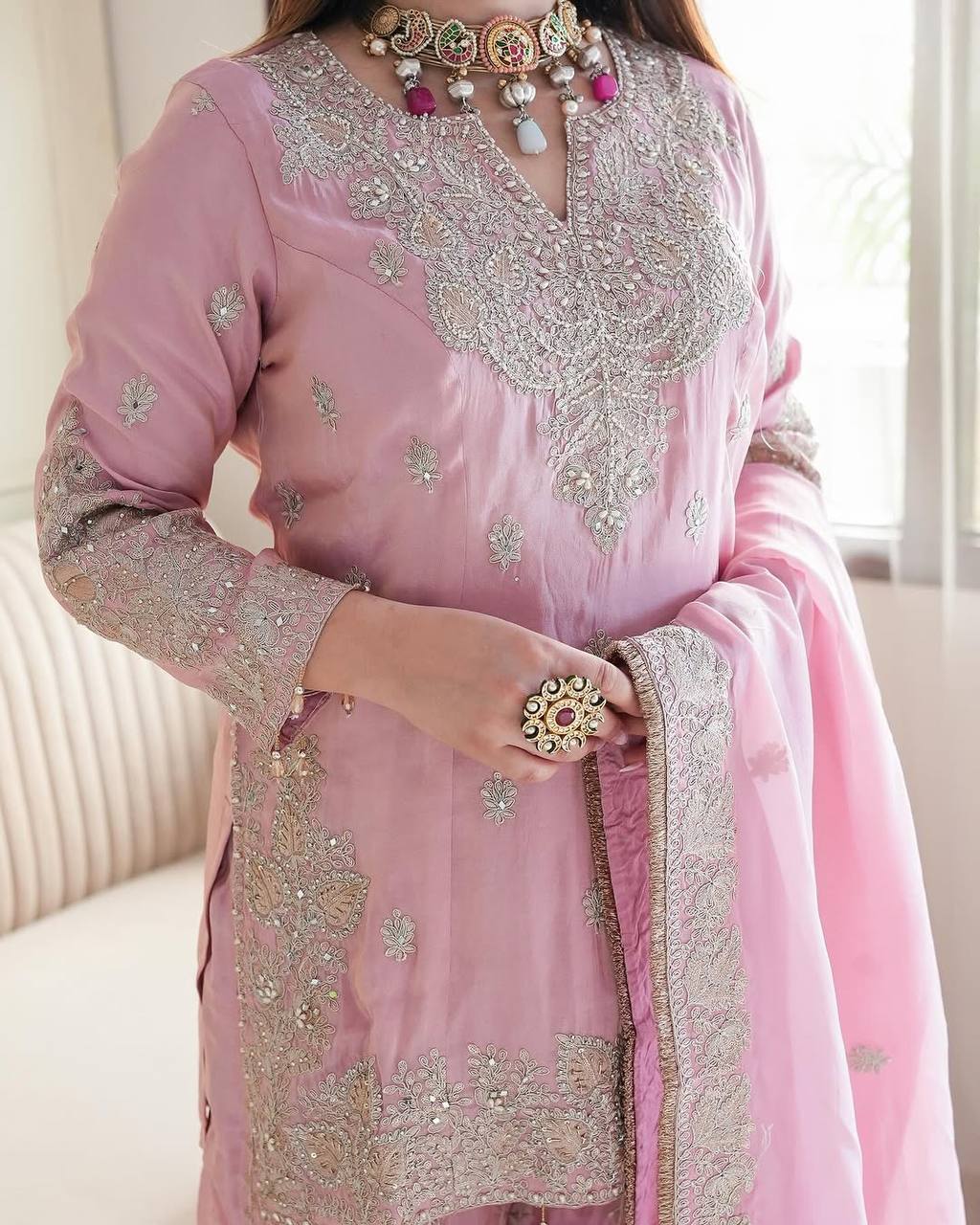 Pink Designer Heavy Chinon Silk Top Gharara and Dupatta For Party Wear