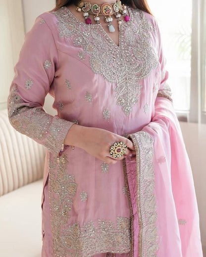 Pink Designer Heavy Chinon Silk Top Gharara and Dupatta For Party Wear