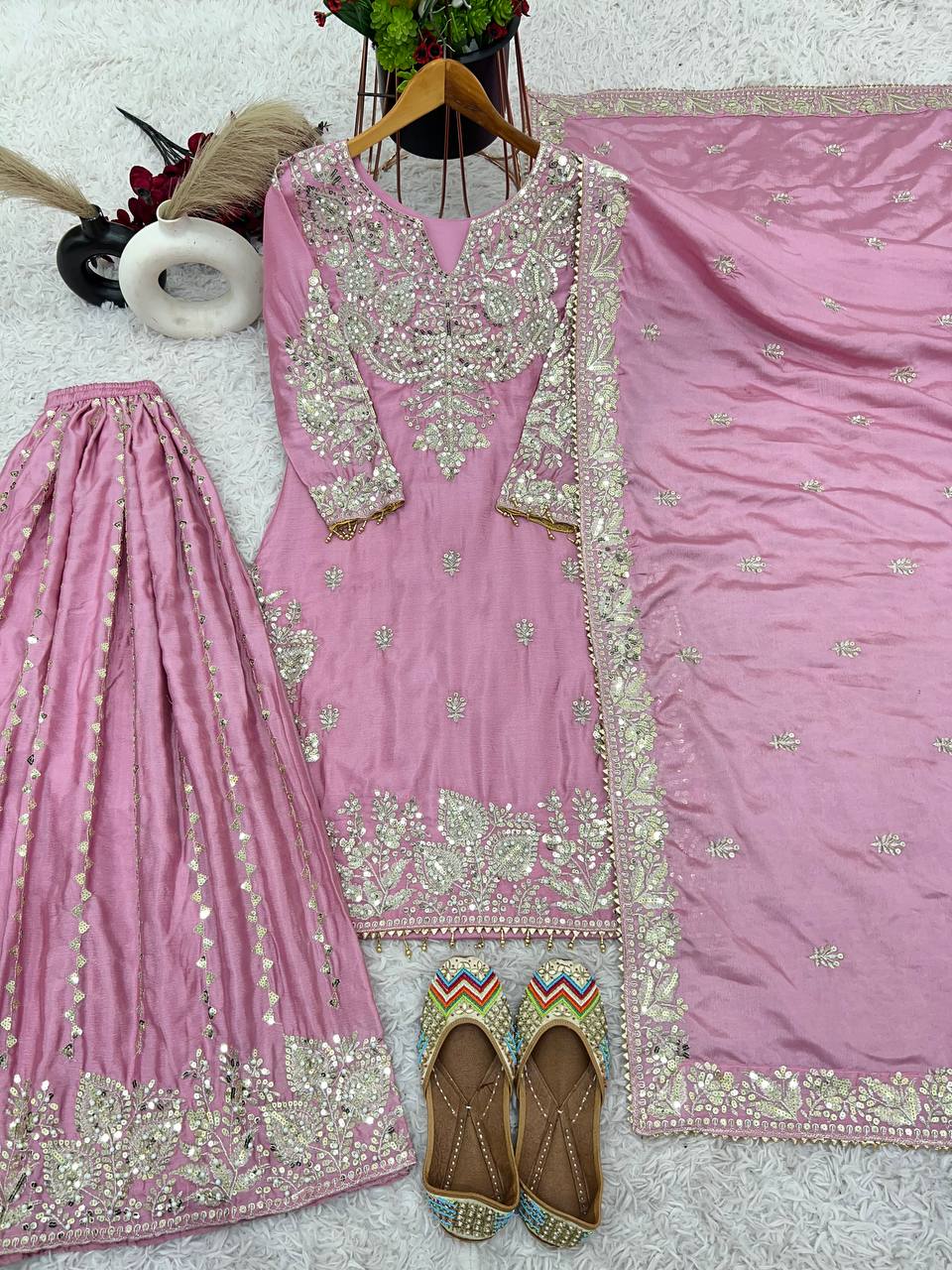 Pink Designer Heavy Chinon Silk Top Gharara and Dupatta For Party Wear