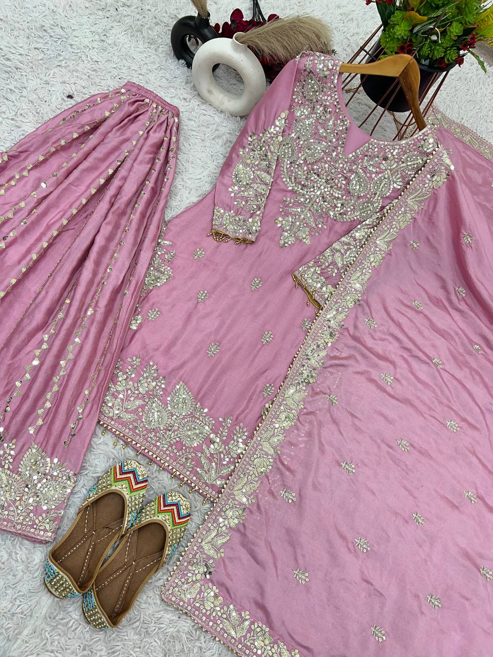 Pink Designer Heavy Chinon Silk Top Gharara and Dupatta For Party Wear