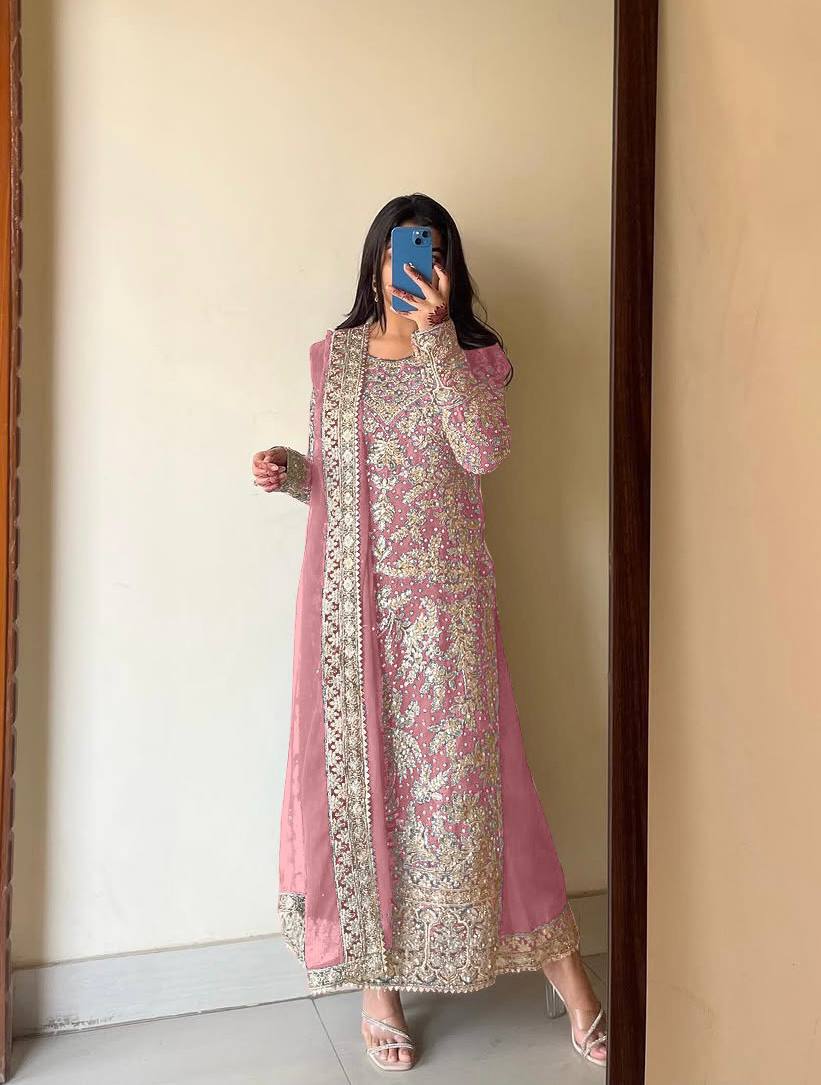 Pink Designer Heavy Faux Georgette Plazzo Top and Dupatta Party Wear
