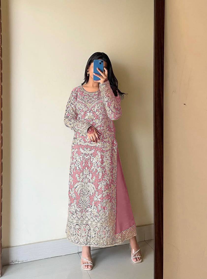 Pink Designer Heavy Faux Georgette Plazzo Top and Dupatta Party Wear