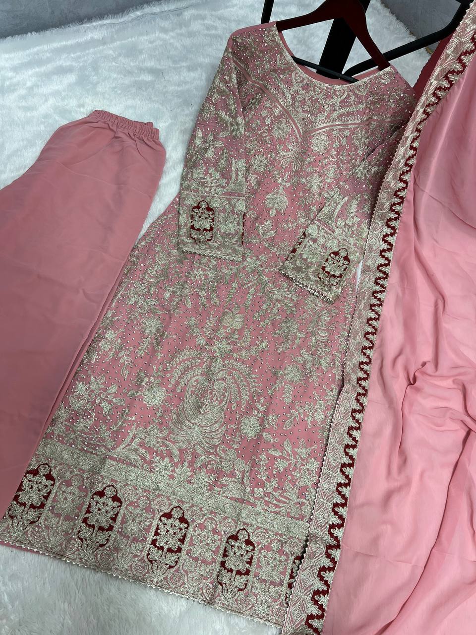 Pink Designer Heavy Faux Georgette Plazzo Top and Dupatta Party Wear
