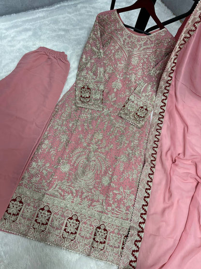 Pink Designer Heavy Faux Georgette Plazzo Top and Dupatta Party Wear