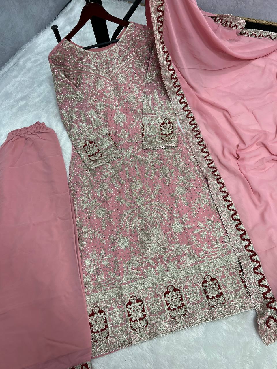 Pink Designer Heavy Faux Georgette Plazzo Top and Dupatta Party Wear