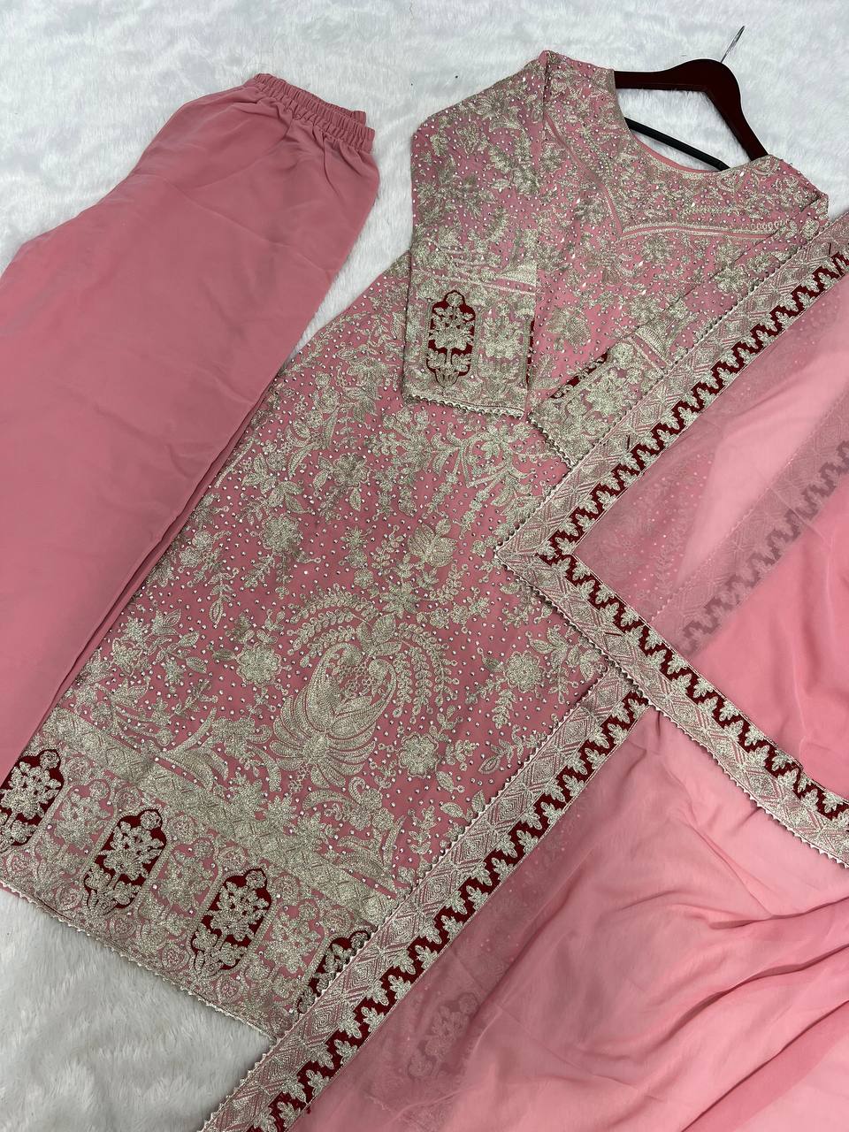 Pink Designer Heavy Faux Georgette Plazzo Top and Dupatta Party Wear