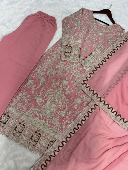 Pink Designer Heavy Faux Georgette Plazzo Top and Dupatta Party Wear