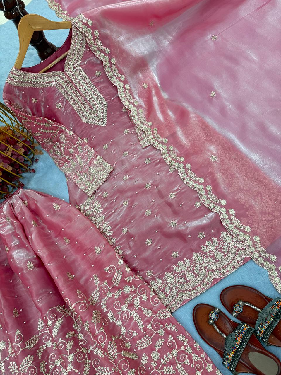 Pink Designer Pure Jimmy Choo Plazzo and Dupatta For Party Wear