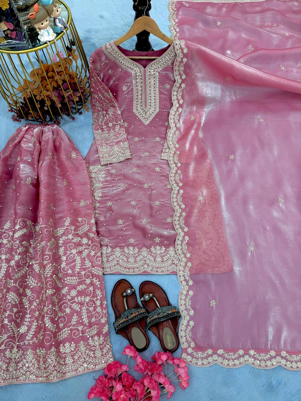 Pink Designer Pure Jimmy Choo Plazzo and Dupatta For Party Wear