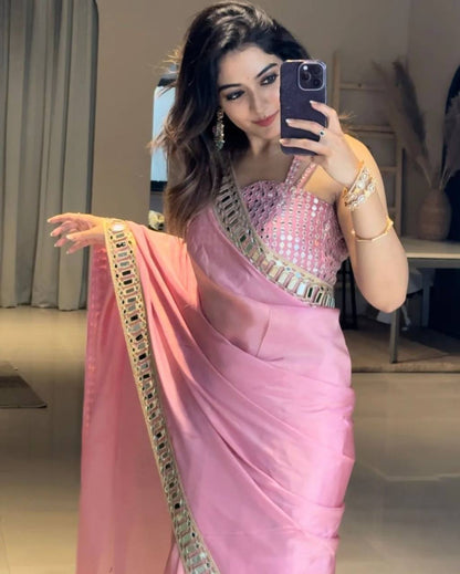 Pink Designer Pure Satin Silk Embroidery Saree and Mirror Work Blouse