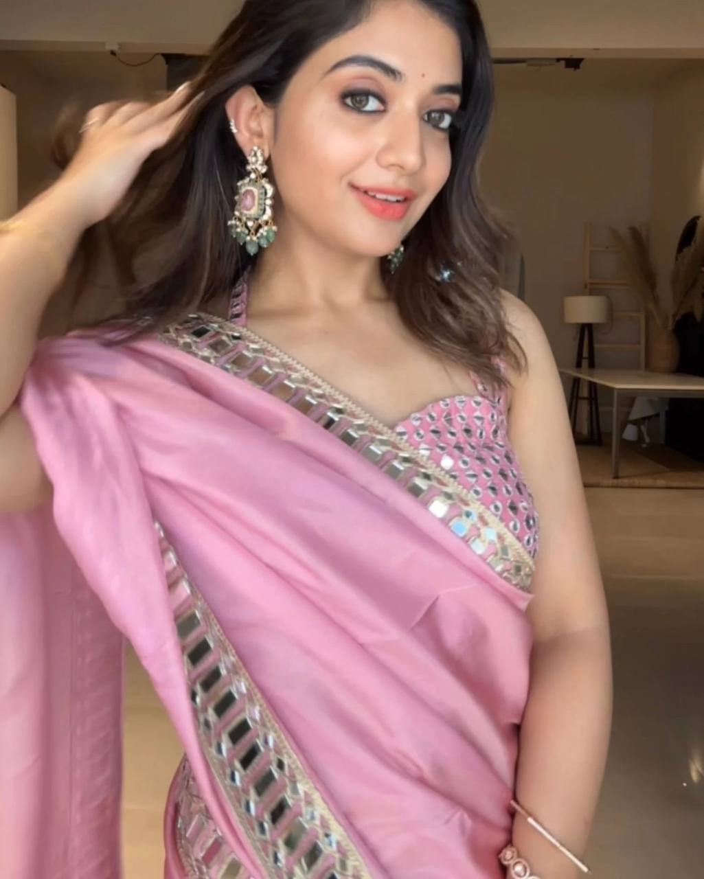 Pink Designer Pure Satin Silk Embroidery Saree and Mirror Work Blouse