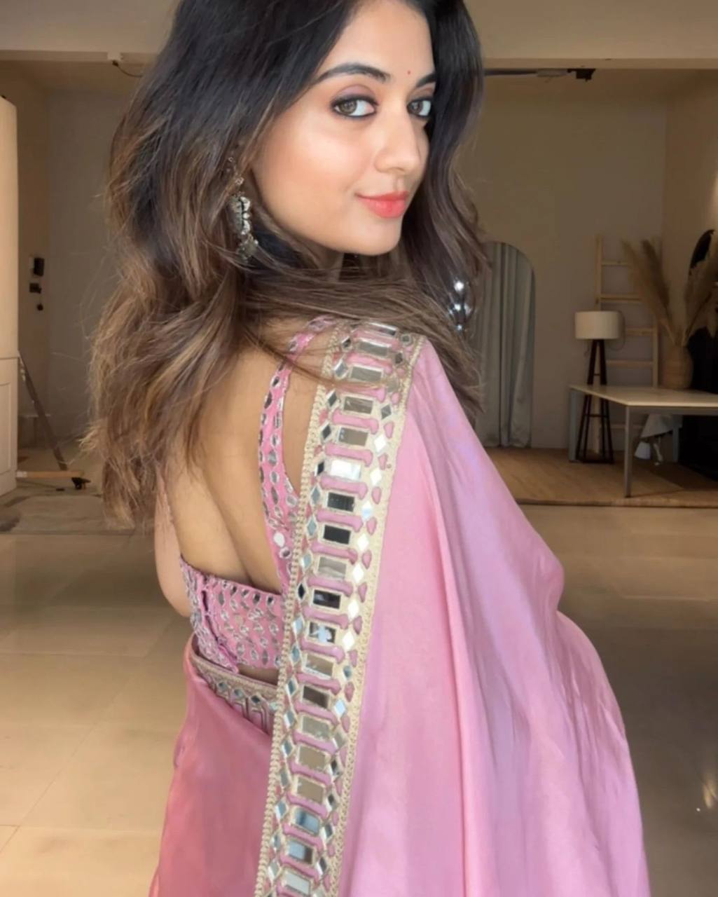 Pink Designer Pure Satin Silk Embroidery Saree and Mirror Work Blouse