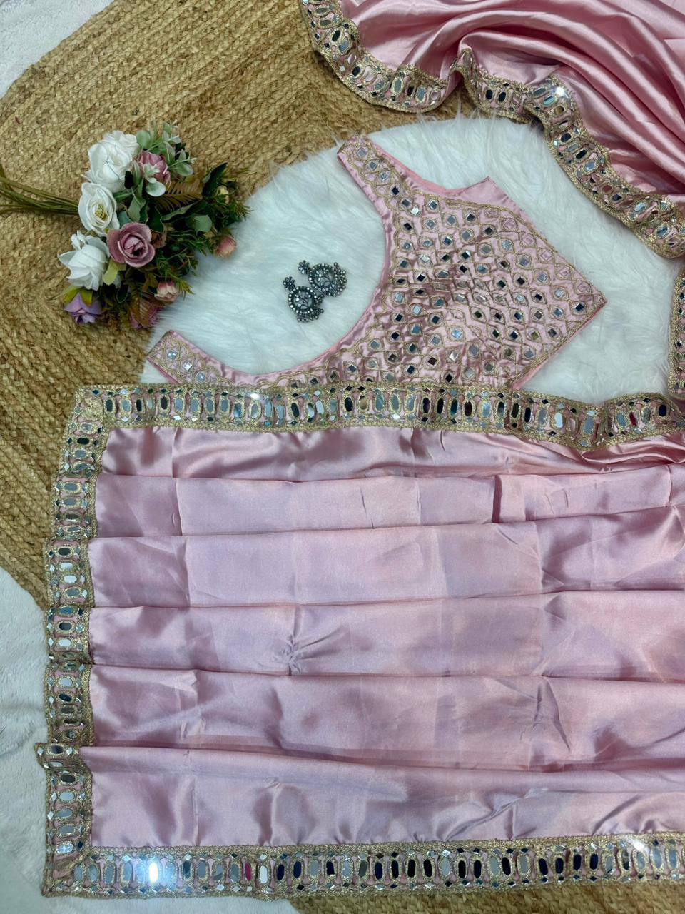 Pink Designer Pure Satin Silk Embroidery Saree and Mirror Work Blouse