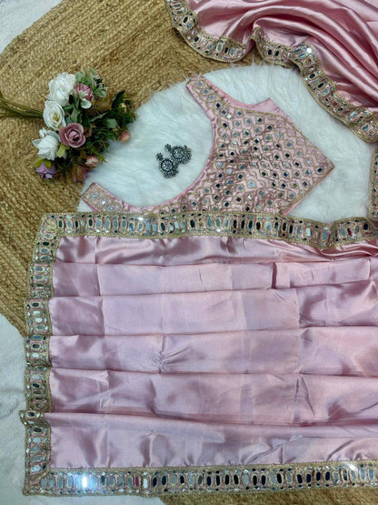 Pink Designer Pure Satin Silk Embroidery Saree and Mirror Work Blouse