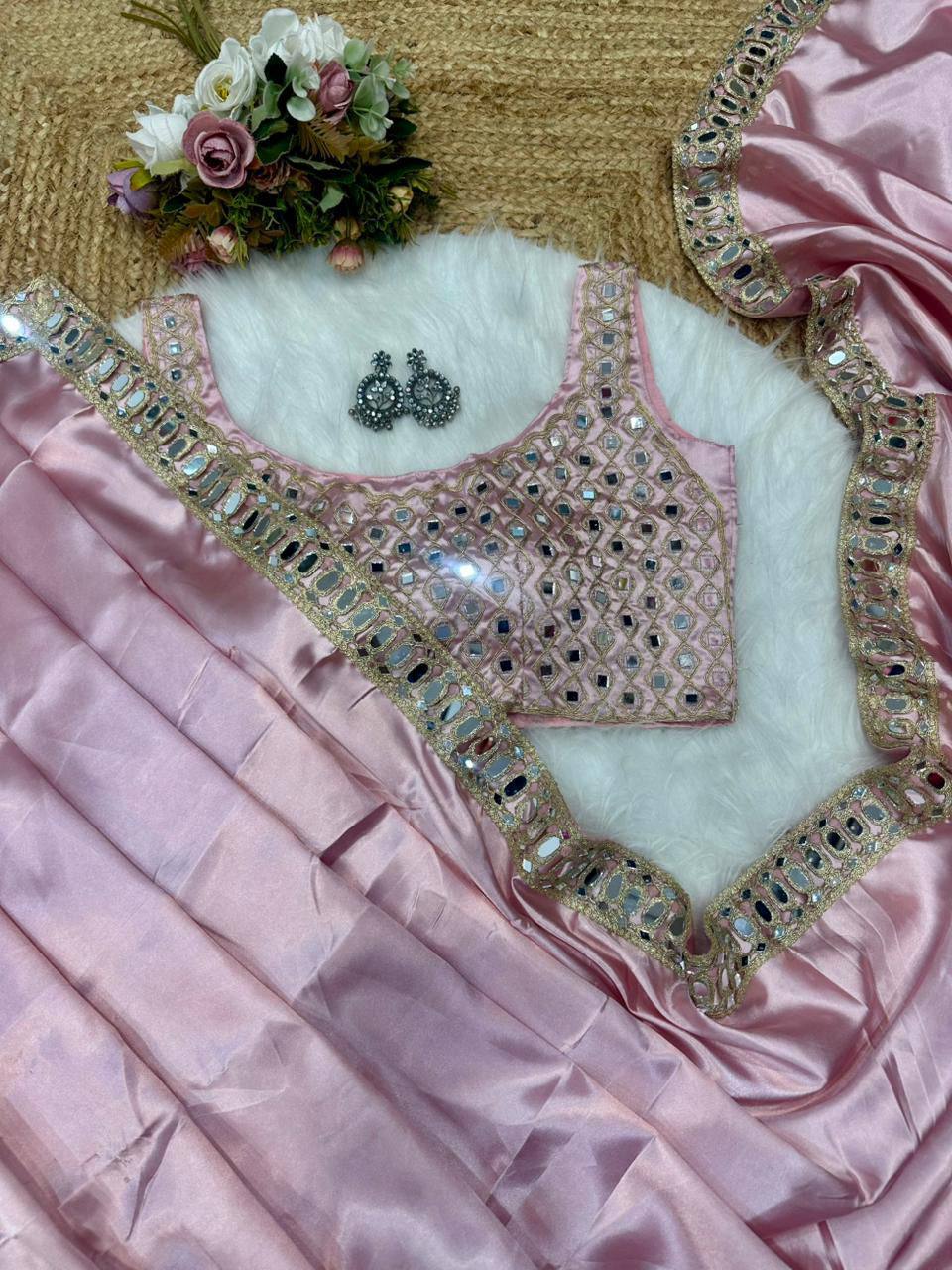 Pink Designer Pure Satin Silk Embroidery Saree and Mirror Work Blouse