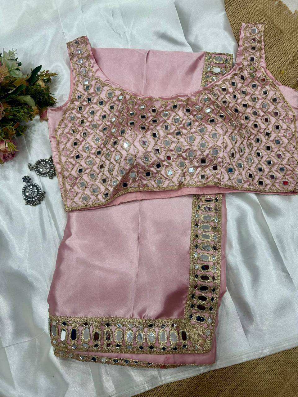 Pink Designer Pure Satin Silk Embroidery Saree and Mirror Work Blouse