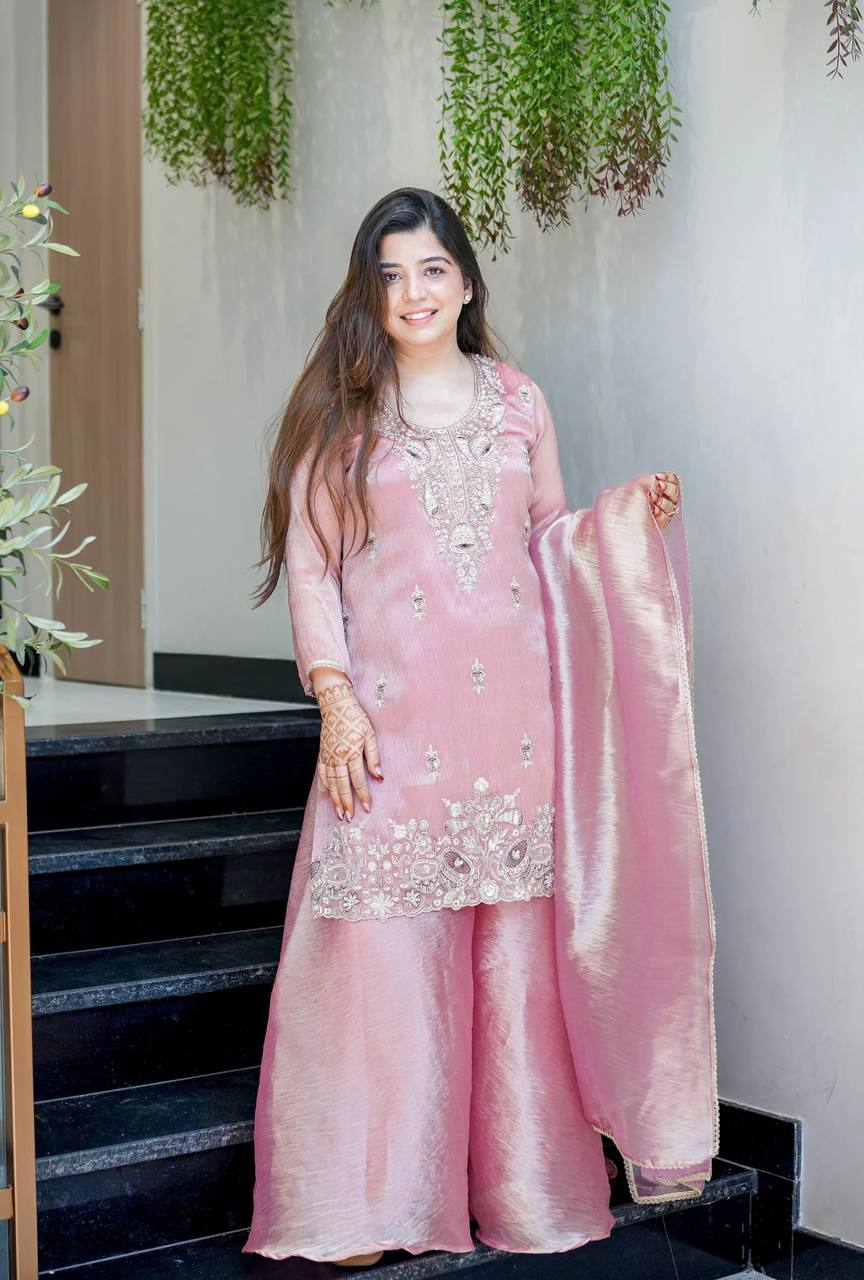 Pink Designer Pure Silky Silk Top Bottom and Dupatta For Party Wear