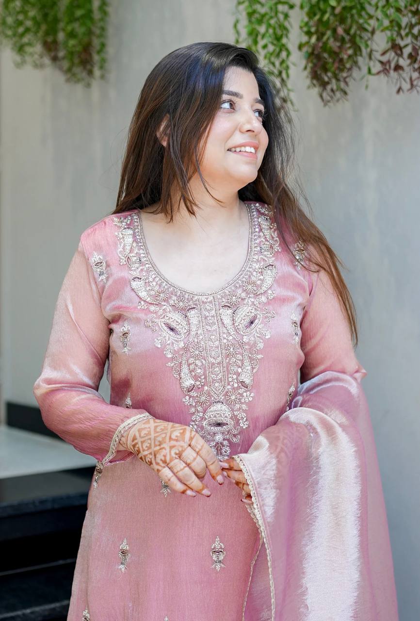 Pink Designer Pure Silky Silk Top Bottom and Dupatta For Party Wear
