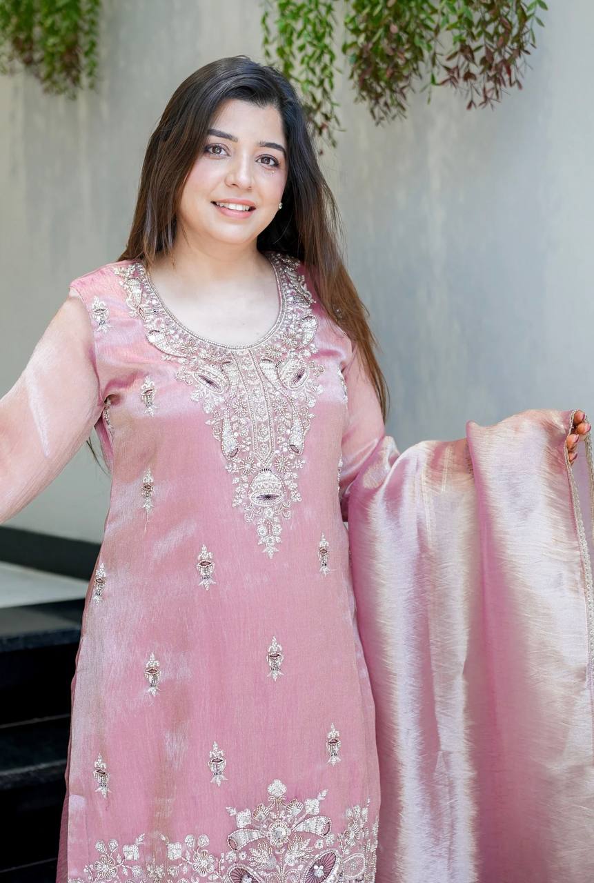 Pink Designer Pure Silky Silk Top Bottom and Dupatta For Party Wear