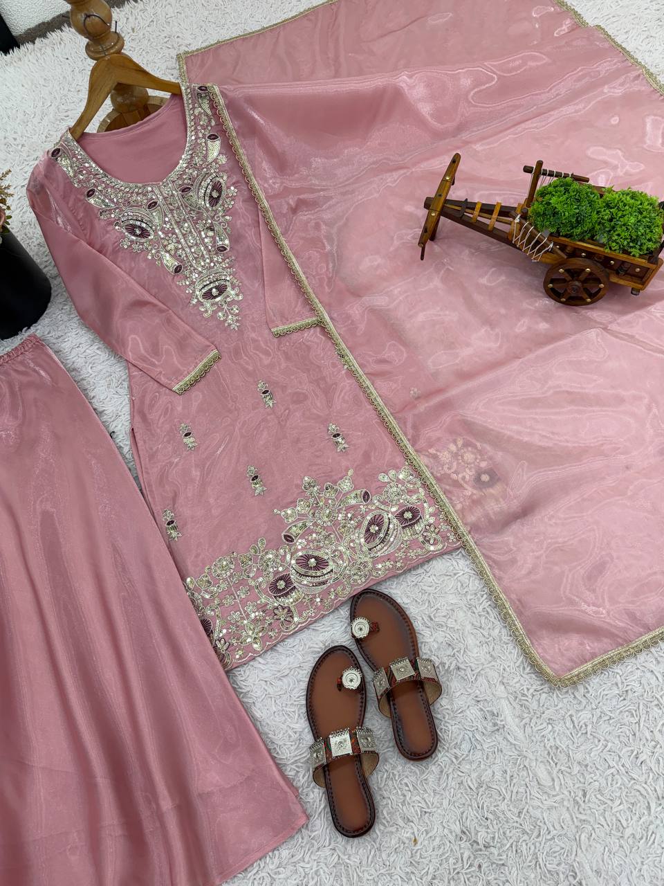 Pink Designer Pure Silky Silk Top Bottom and Dupatta For Party Wear