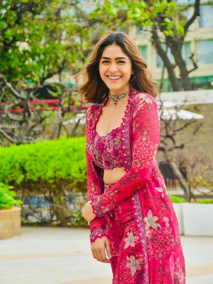 Rani Pink Designer Tibby Silk Shrug Sharara Set with Embroidery Work