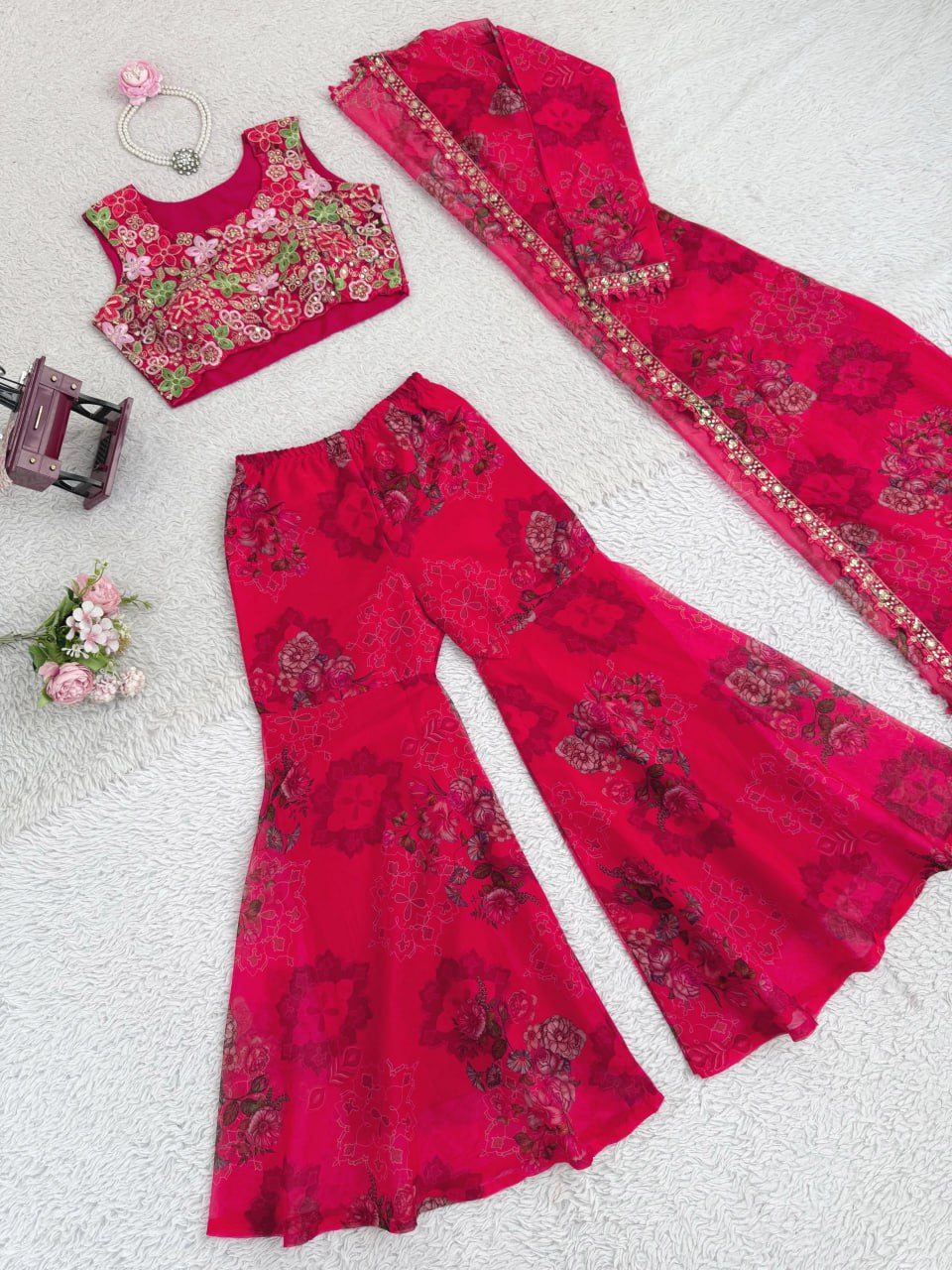 Rani Pink Designer Tibby Silk Shrug Sharara Set with Embroidery Work