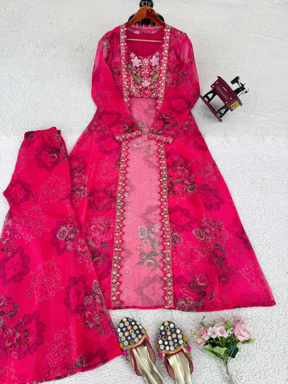 Rani Pink Designer Tibby Silk Shrug Sharara Set with Embroidery Work