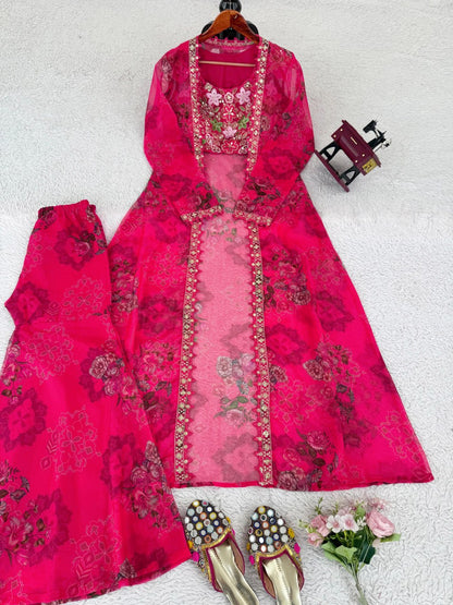 Rani Pink Designer Tibby Silk Shrug Sharara Set with Embroidery Work