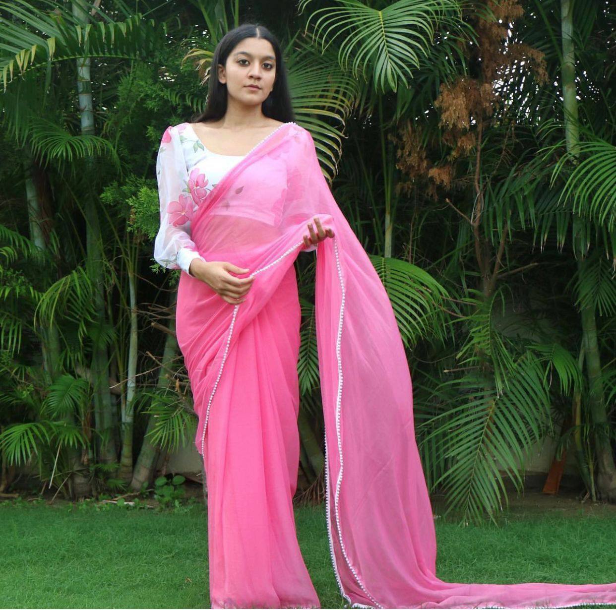 Pink Georgette Digital Printed Organza Saree with Designer Blouse