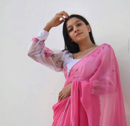 Pink Georgette Digital Printed Organza Saree with Designer Blouse 