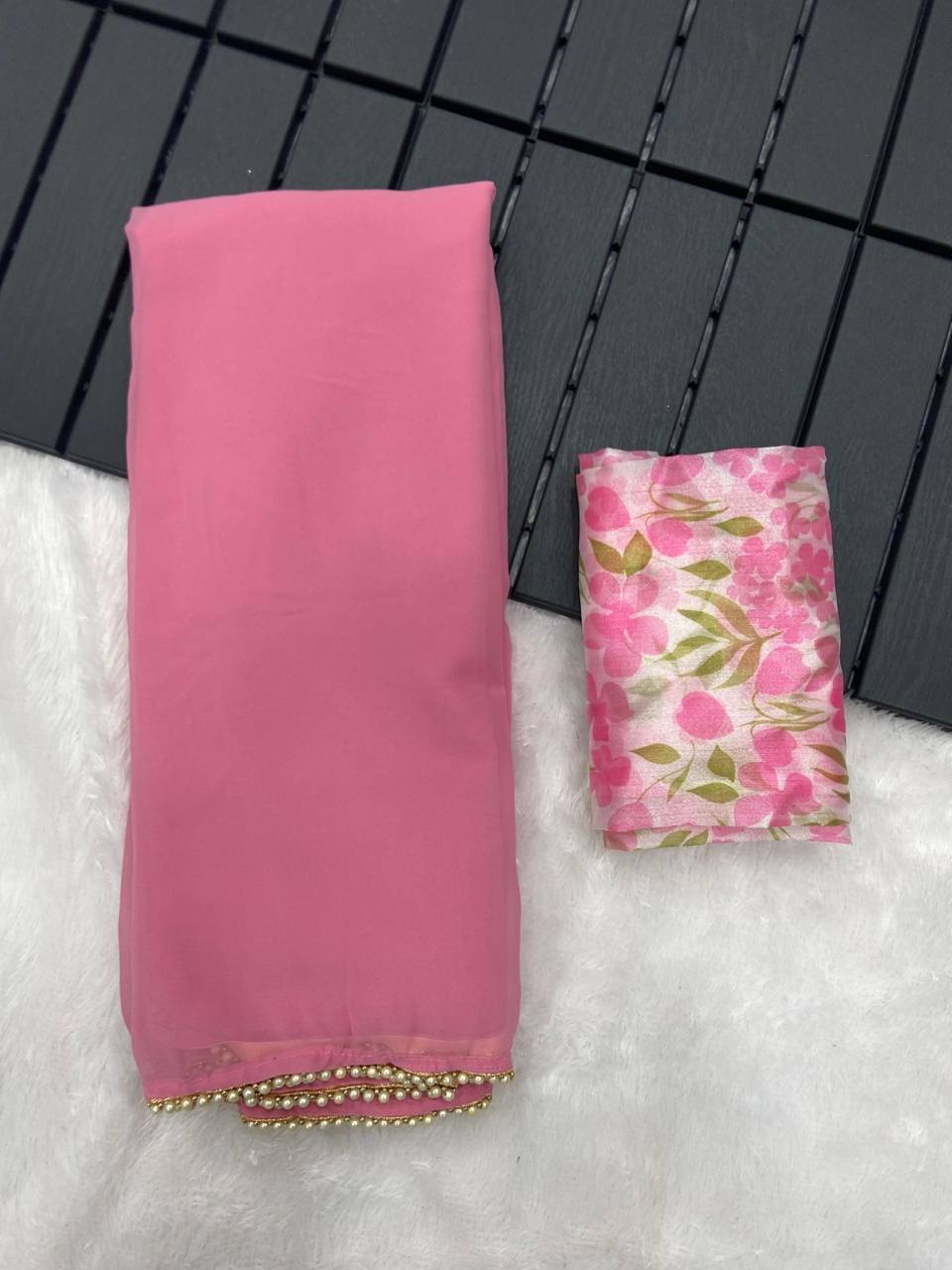 Pink Georgette Digital Printed Organza Saree with Designer Blouse 