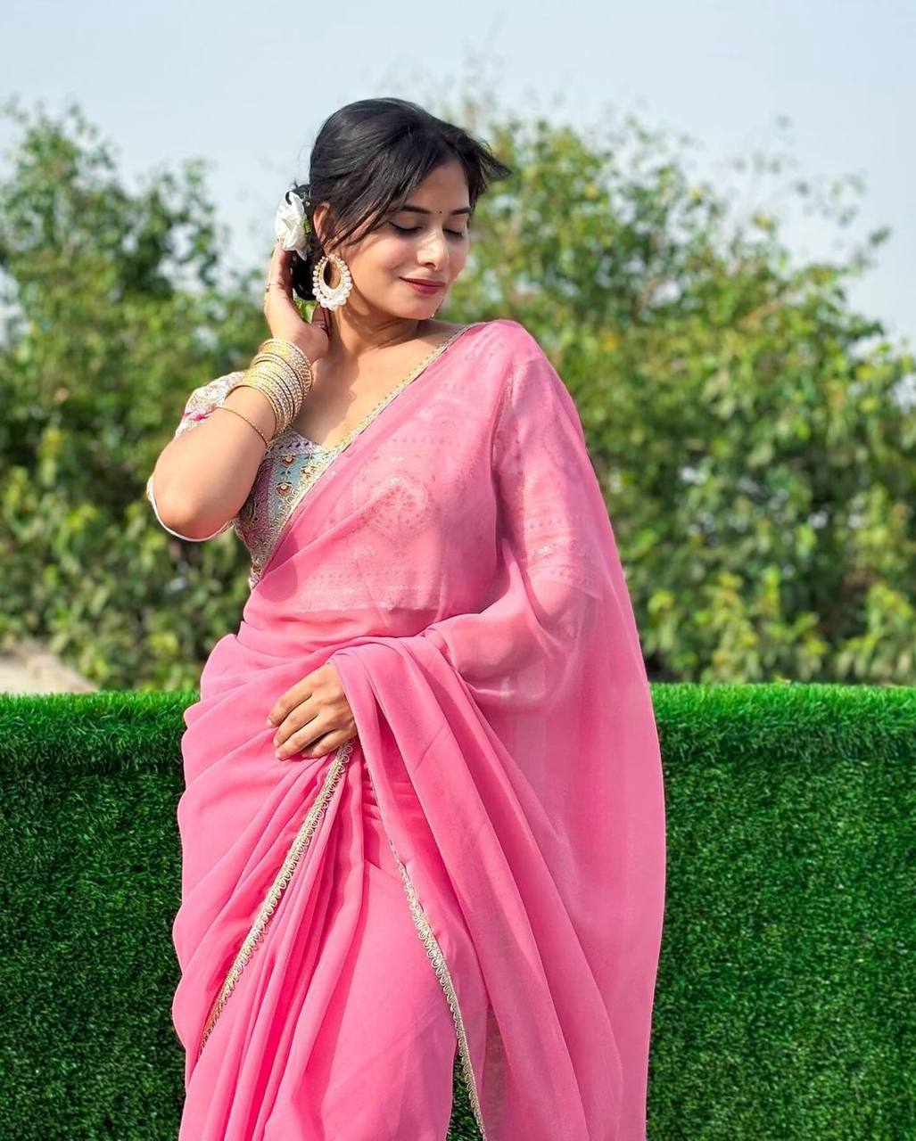 Pink Georgette Saree with Lace Border Embroidery Coding Work Blouse