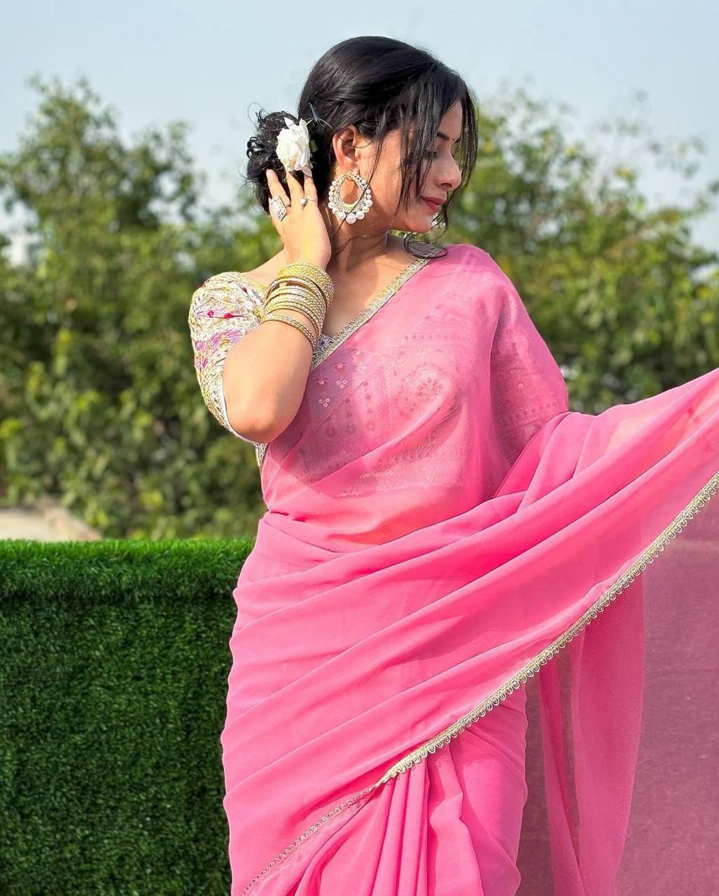 Pink Georgette Saree with Lace Border Embroidery Coding Work Blouse