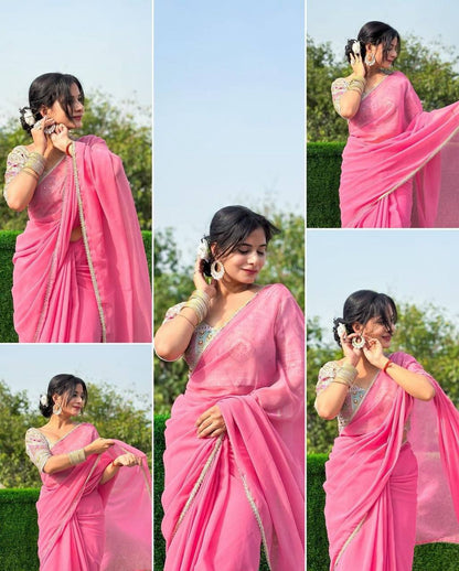 Pink Georgette Saree with Lace Border Embroidery Coding Work Blouse