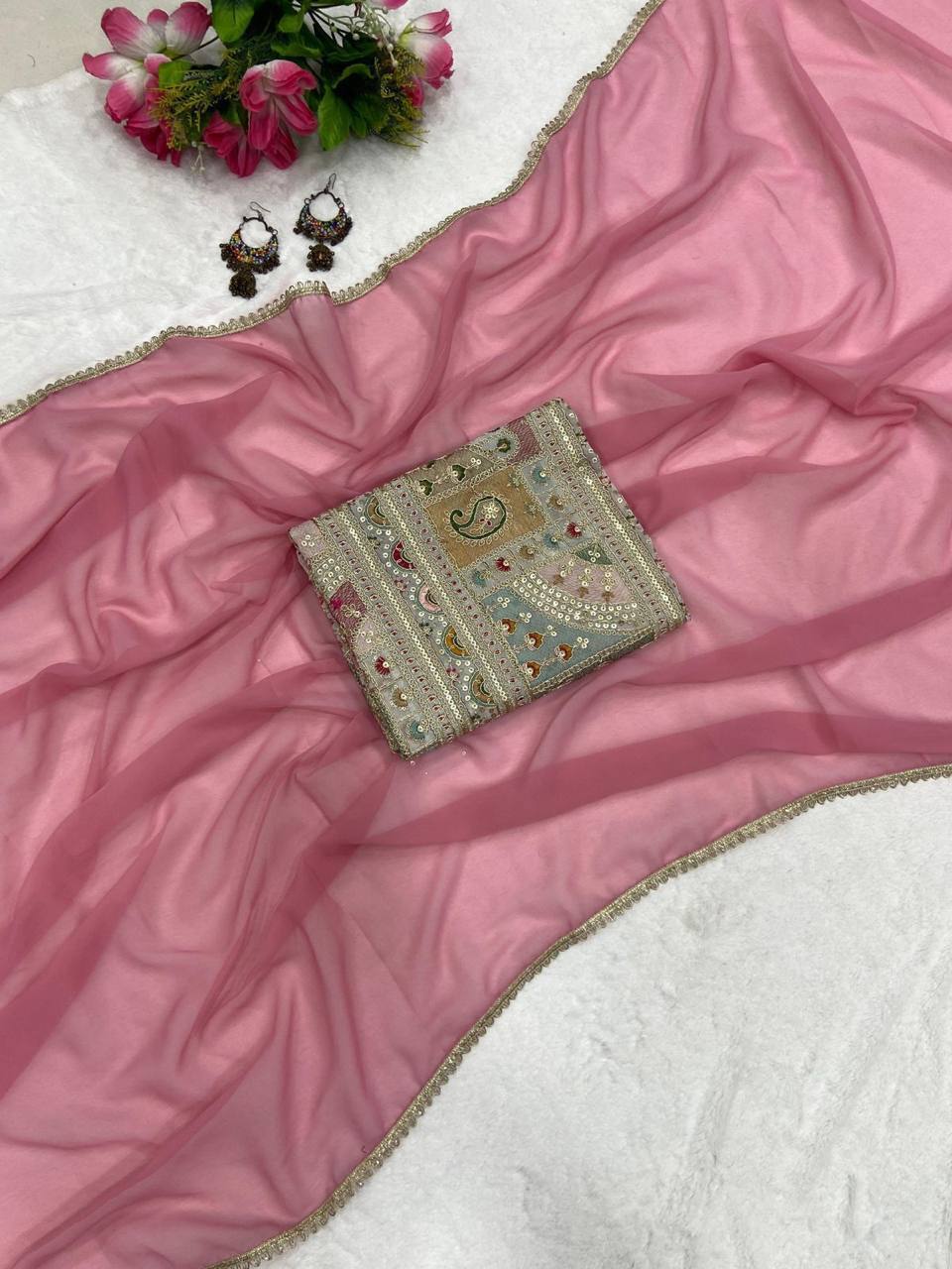 Pink Georgette Saree with Lace Border Embroidery Coding Work Blouse