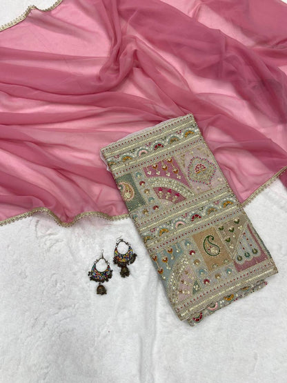 Pink Georgette Saree with Lace Border Embroidery Coding Work Blouse