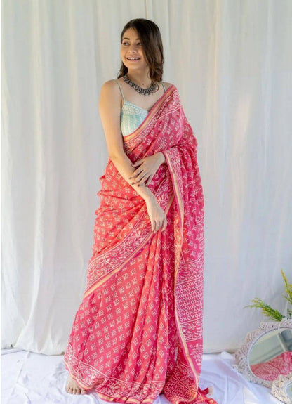 Pink Mulmul Cotton Digital Print Saree with Mint Green Mulmul Blouse