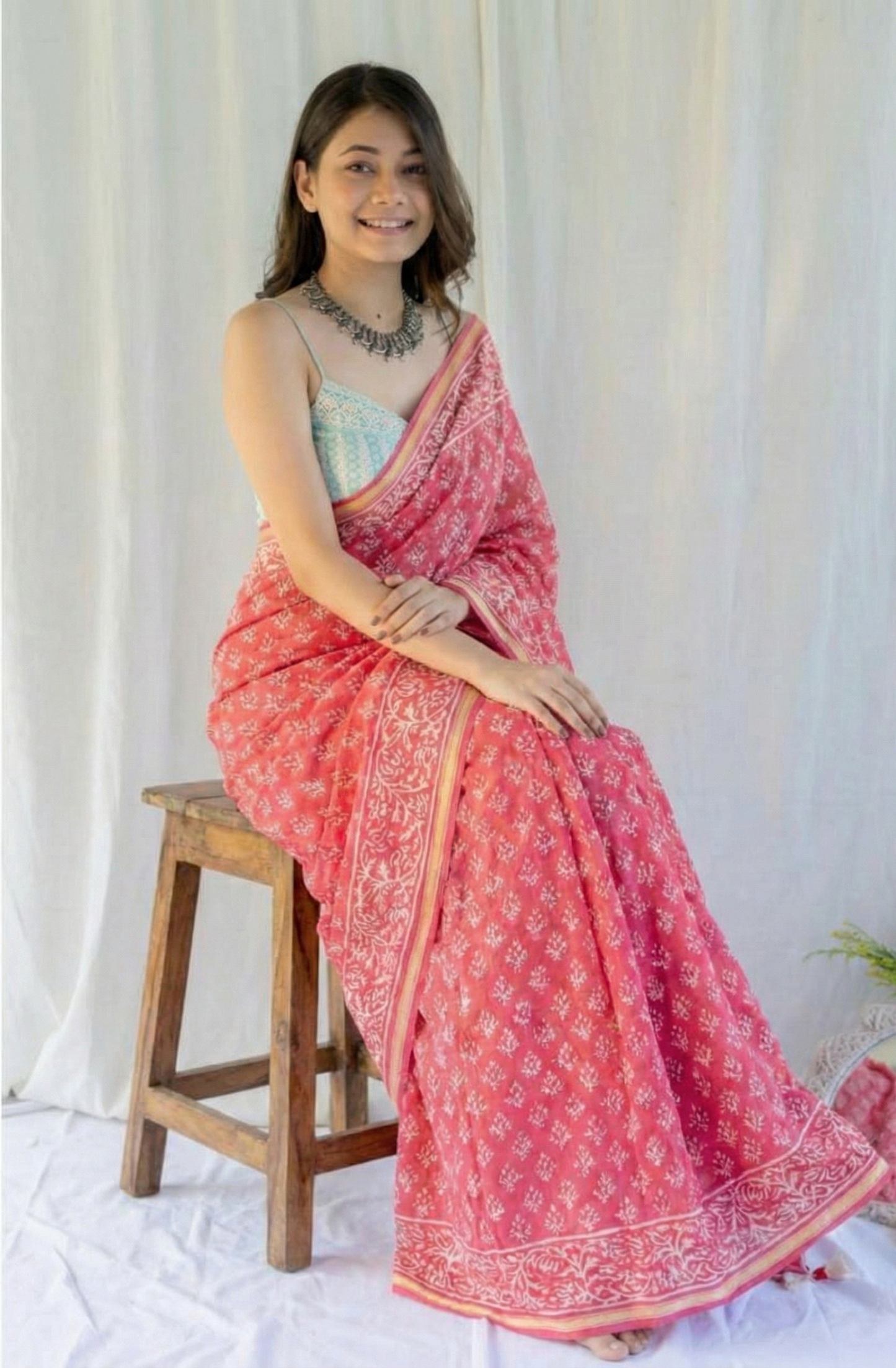 Pink Mulmul Cotton Digital Print Saree with Mint Green Mulmul Blouse
