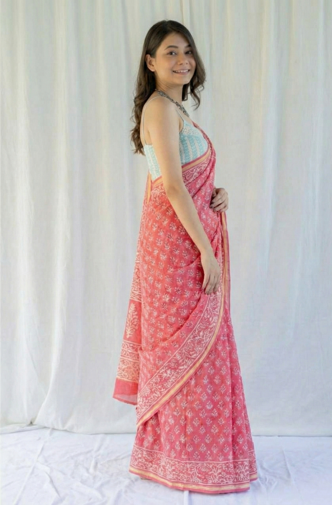 Pink Mulmul Cotton Digital Print Saree with Mint Green Mulmul Blouse