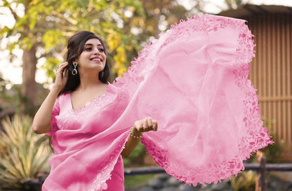 Pink Organza Embroidered Saree with Cutwork Border Buti Work Blouse