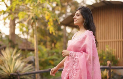 Pink Organza Embroidered Saree with Cutwork Border Buti Work Blouse