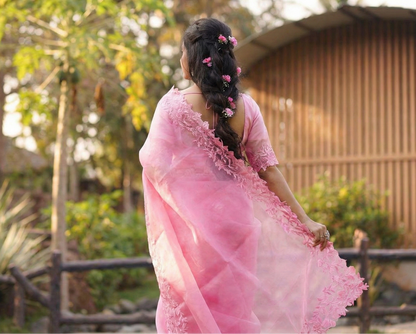Pink Organza Embroidered Saree with Cutwork Border Buti Work Blouse