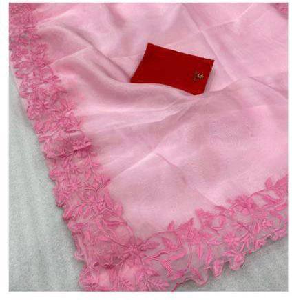 Pink Organza Embroidered Saree with Cutwork Border Buti Work Blouse