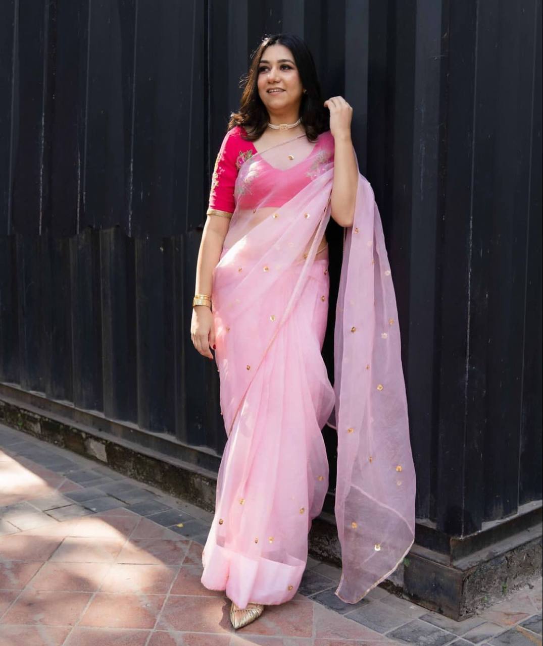 Pink Pure Organza Saree with Designer Printed Handwork Blouse