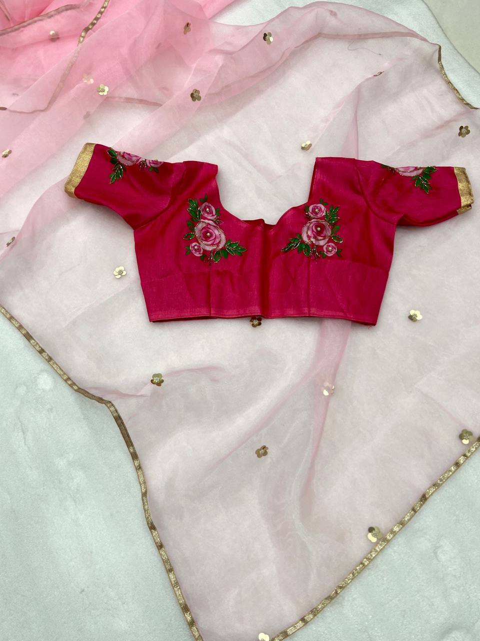 Pink Pure Organza Saree with Designer Printed Handwork Blouse
