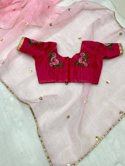 Pink Pure Organza Saree with Designer Printed Handwork Blouse