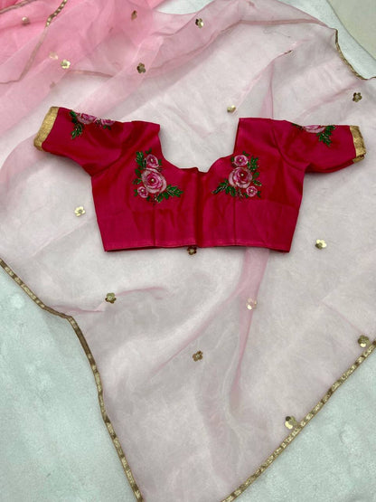 Pink Pure Organza Saree with Designer Printed Handwork Blouse