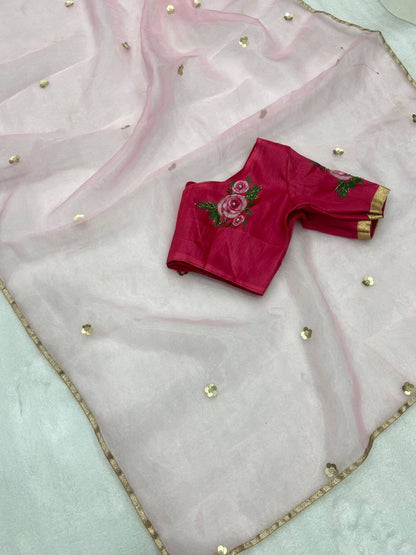 Pink Pure Organza Saree with Designer Printed Handwork Blouse
