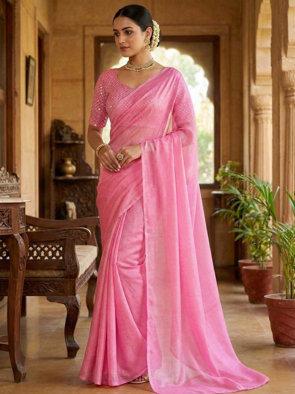 Pink Rasmalai Silk Saree with Contrast Sequins Net Embroidered Blouse