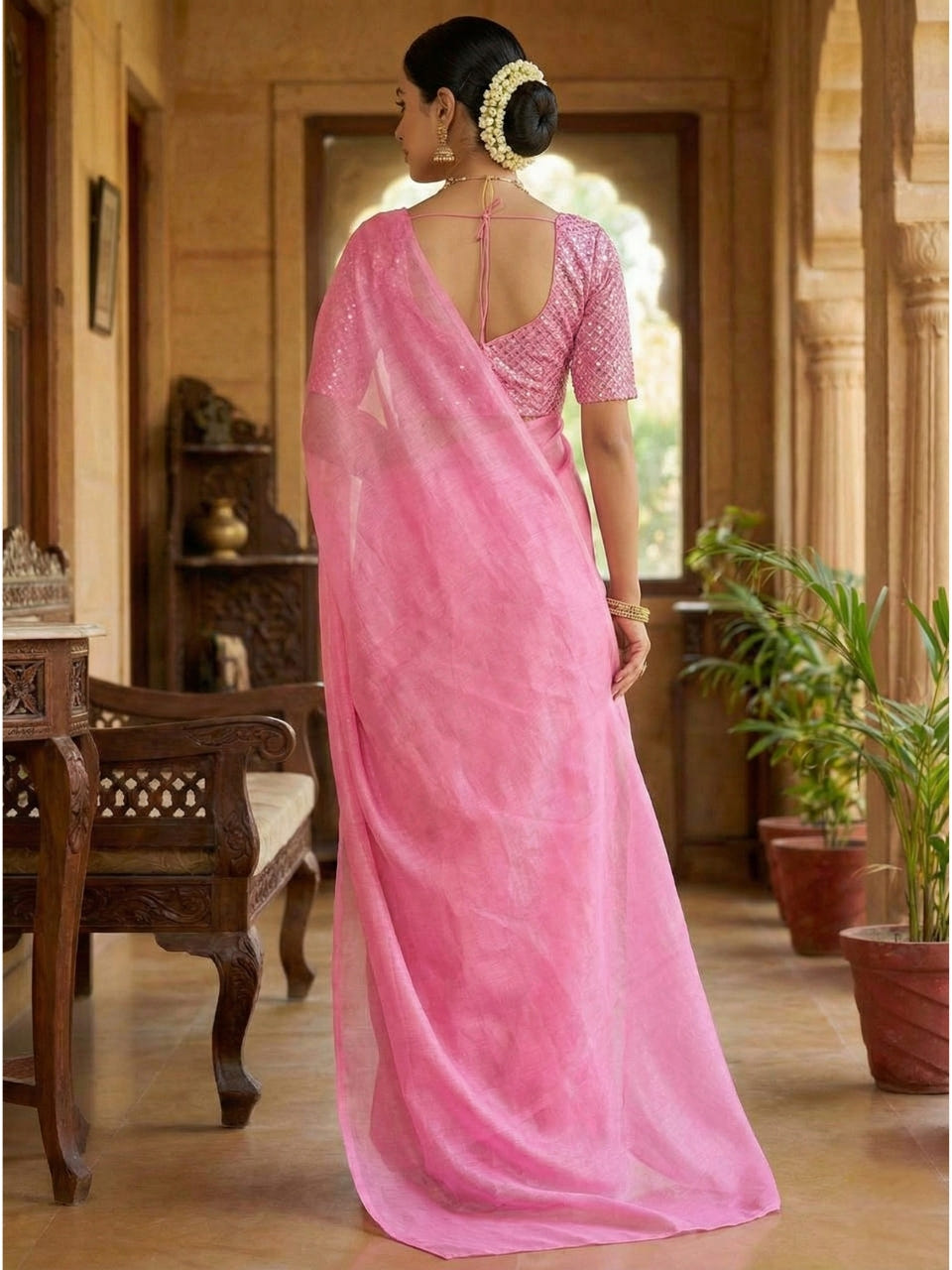 Pink Rasmalai Silk Saree with Contrast Sequins Net Embroidered Blouse